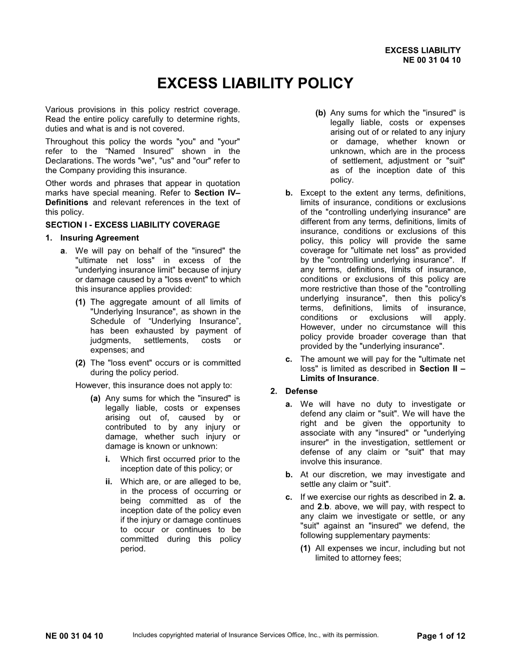 Excess Liability Policy