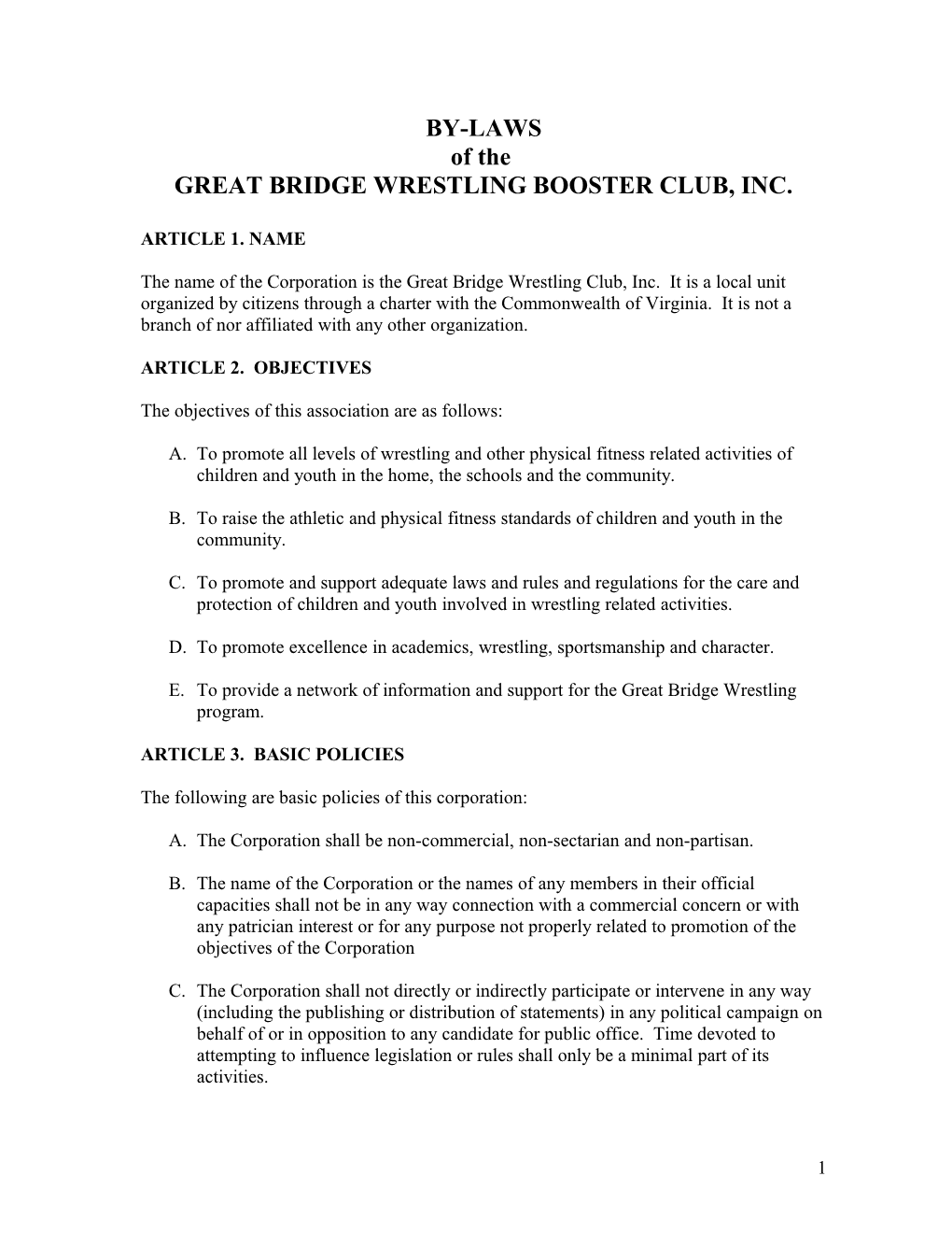 By-Laws of the Great Bridge Wrestling Booster Club, Inc