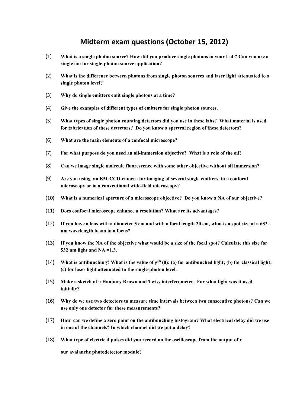 Midterm Exam Questions (October 15, 2012)