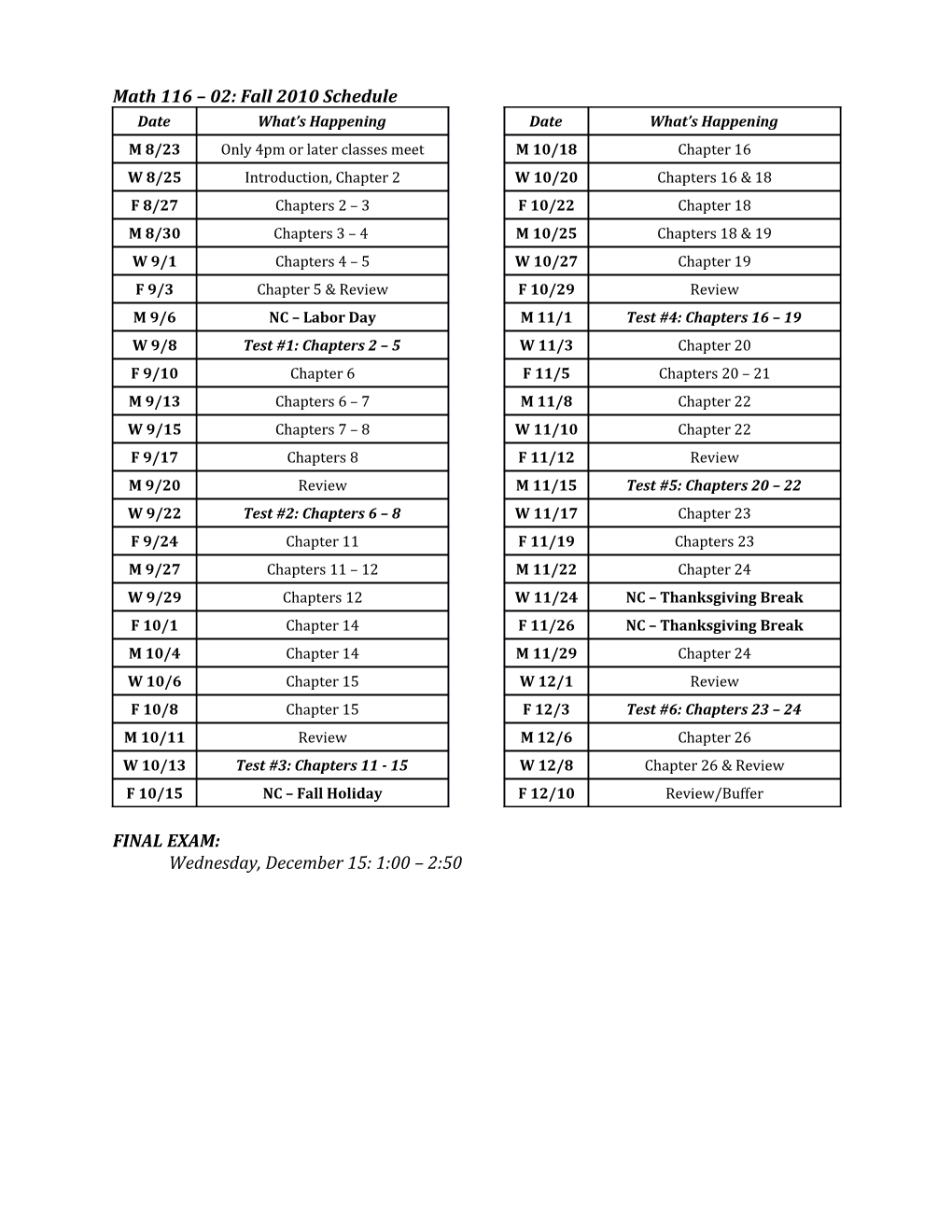 Math 116 02: Fall 2010 Schedule