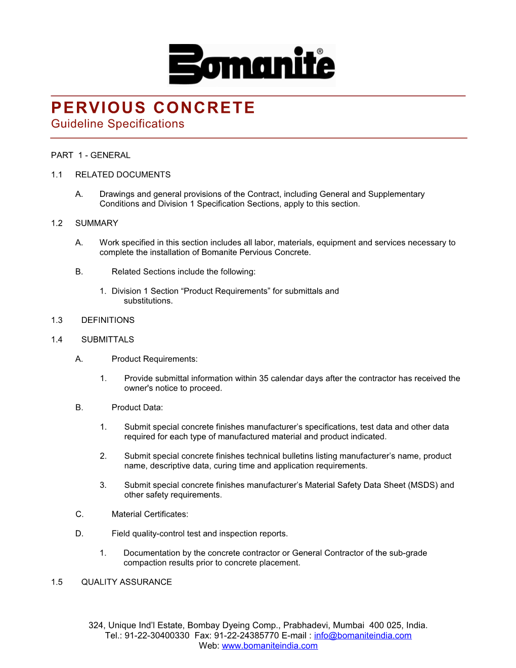 PERVIOUS CONCRETE Guideline Specifications
