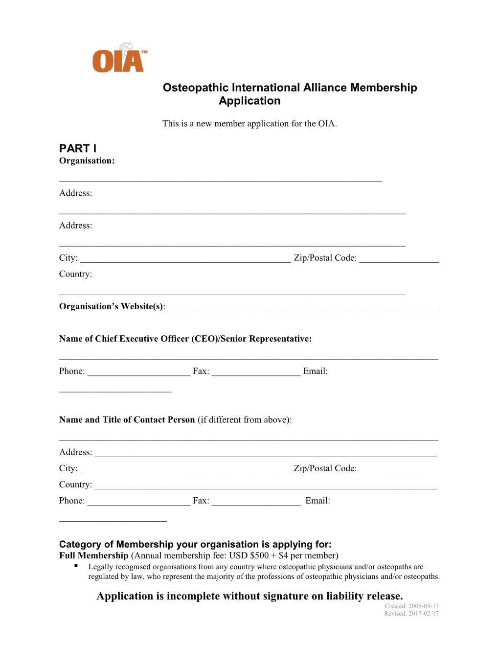 Osteopathic International Alliance Membership Application