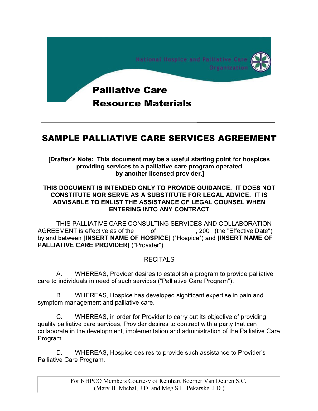 Sample Palliative Care Services Agreement