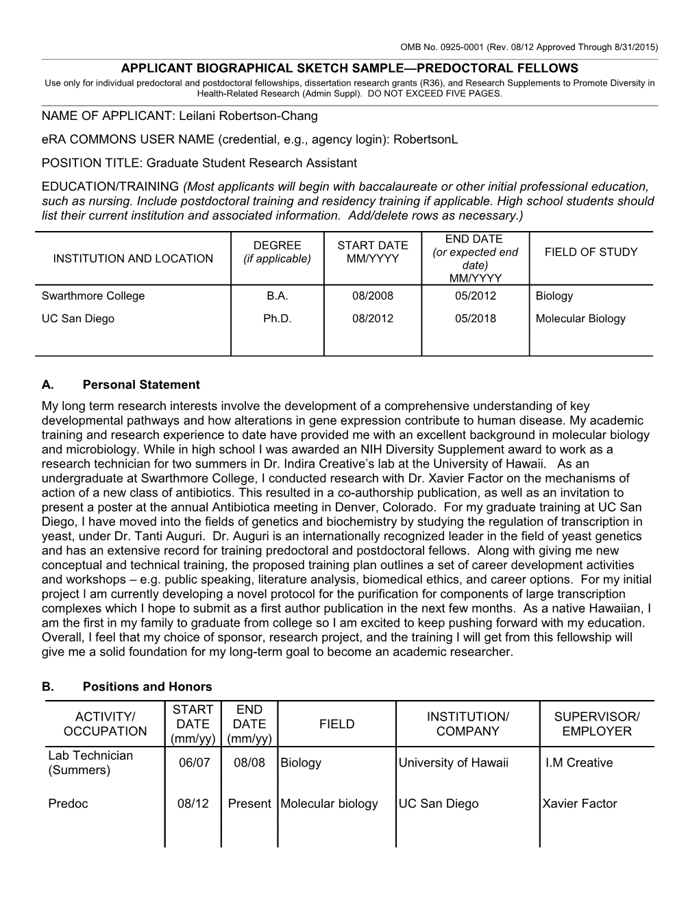 Applicant Biographical Sketch Sample Predoctoral Fellows