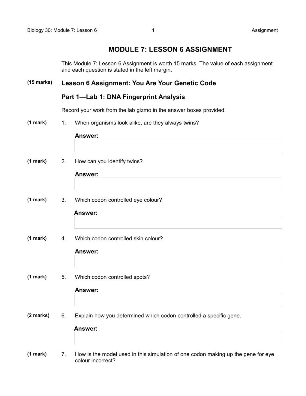 Lesson 6 Assignment: You Are Your Genetic Code