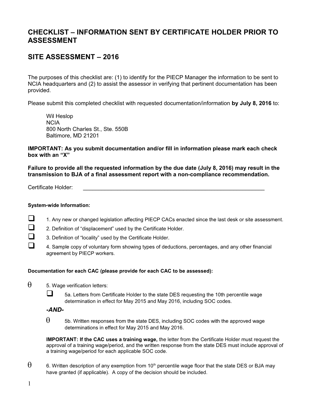 Information Sent by Certificate Holder Prior to Assessment Checklist