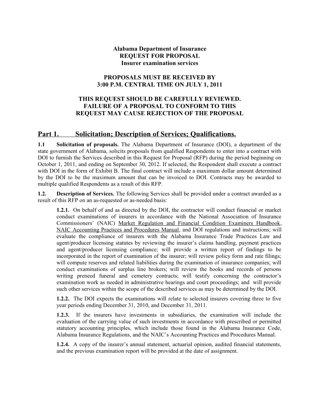 2011 ALDOI RFP for Insurer Examination Services