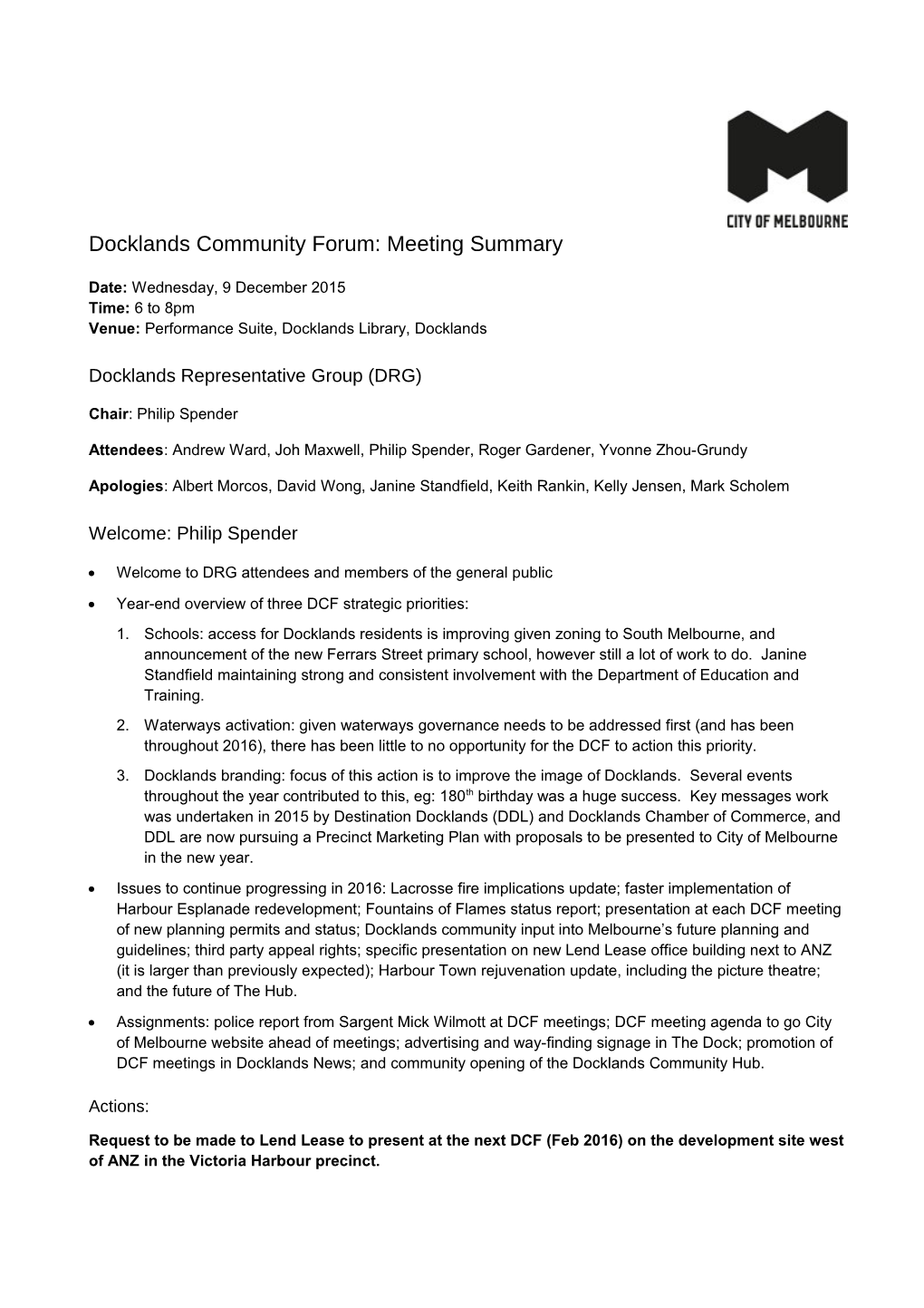 Docklands Community Forum Meeting Summary 9 December 2015