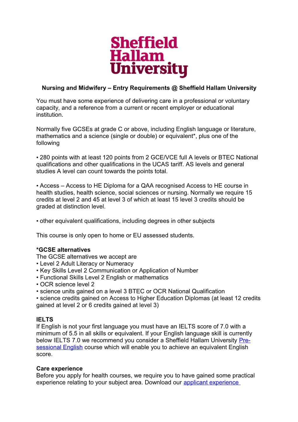 Nursing and Midwifery Entry Requirements Sheffield Hallam University