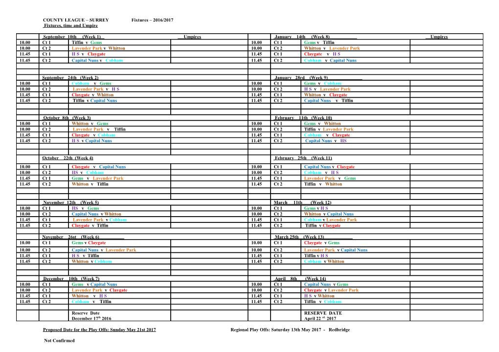 COUNTY LEAGUE SURREY Fixtures 2012/2013