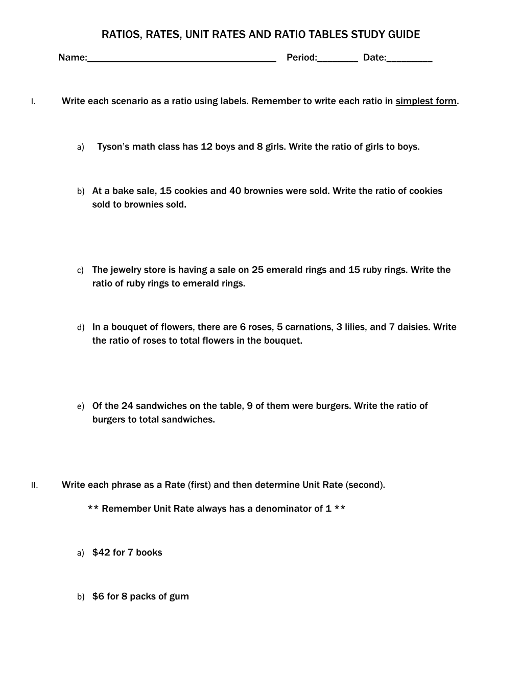 Ratios, Rates, Unit Rates and Ratio Tables Study Guide