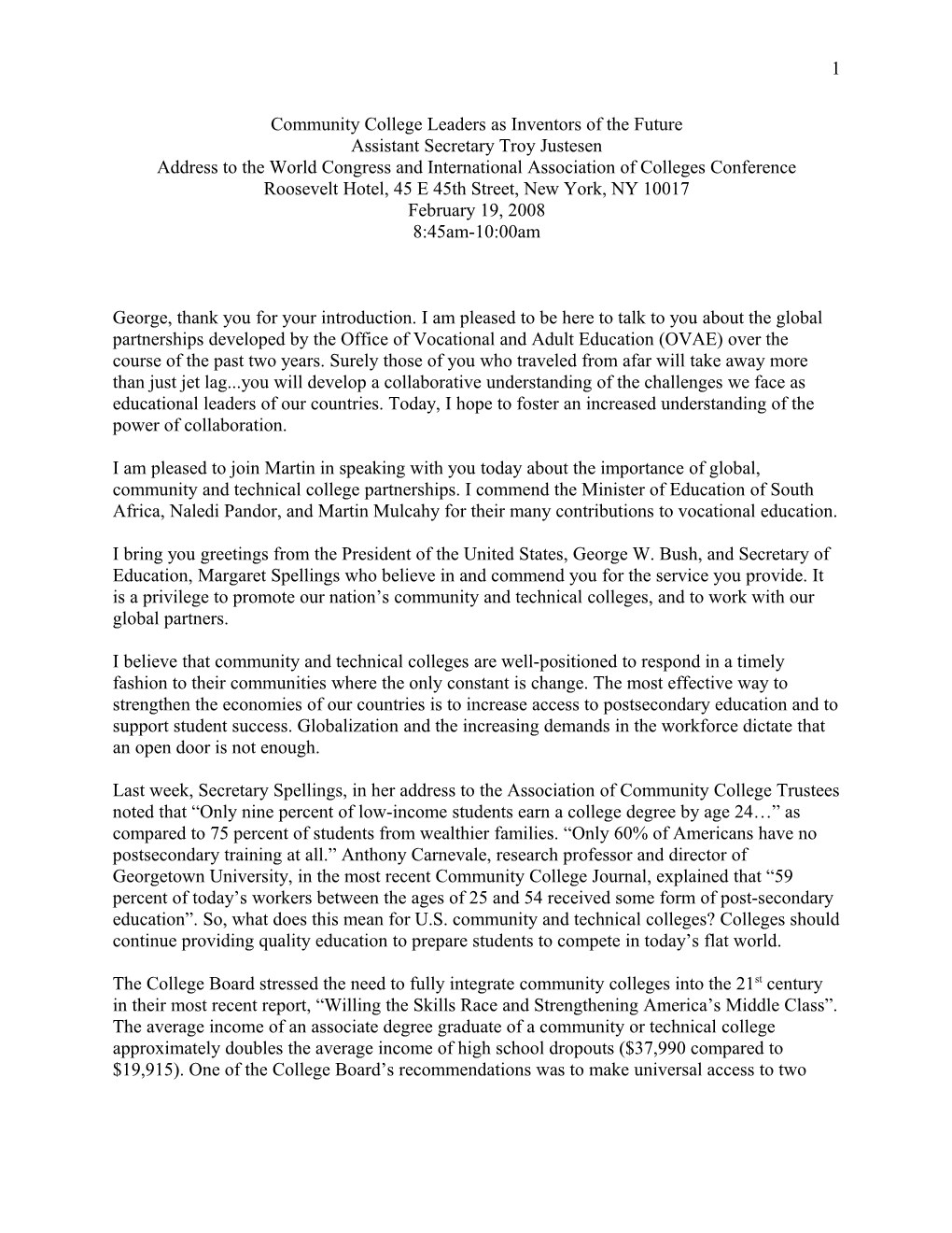 Assistant Secretary Troy Justesen 2-19-08 Speech (MS Word)