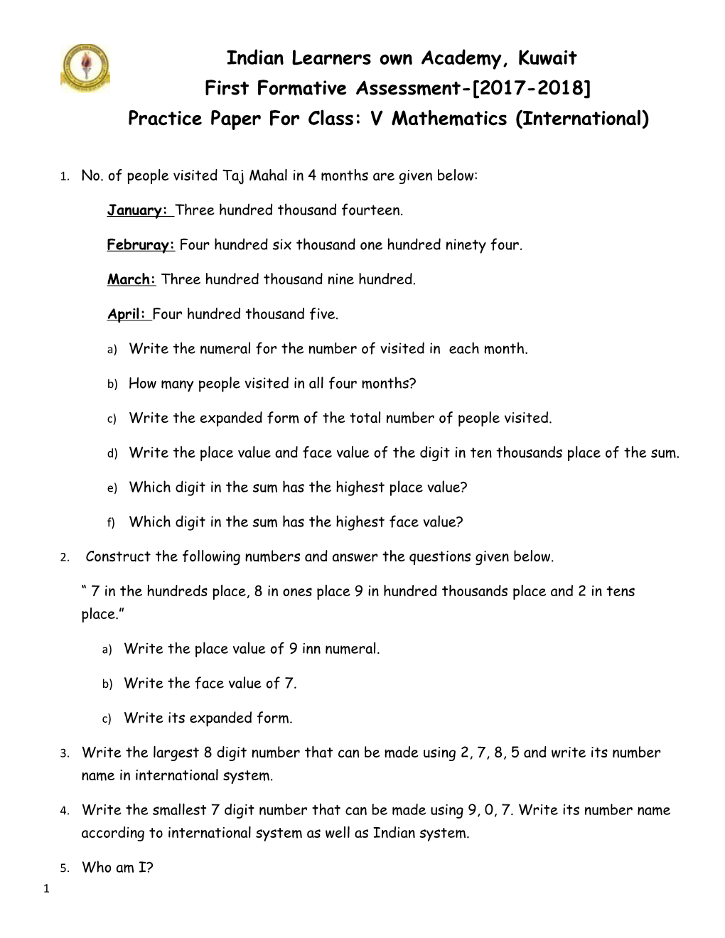 First Formative Assessment- 2017-2018