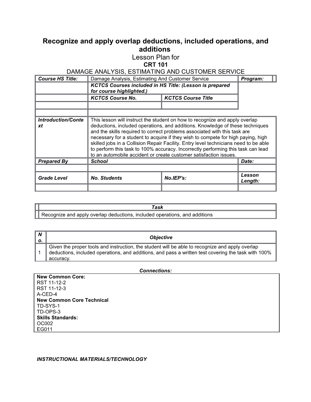 Recognize and Apply Overlap Deductions, Included Operations, and Additions