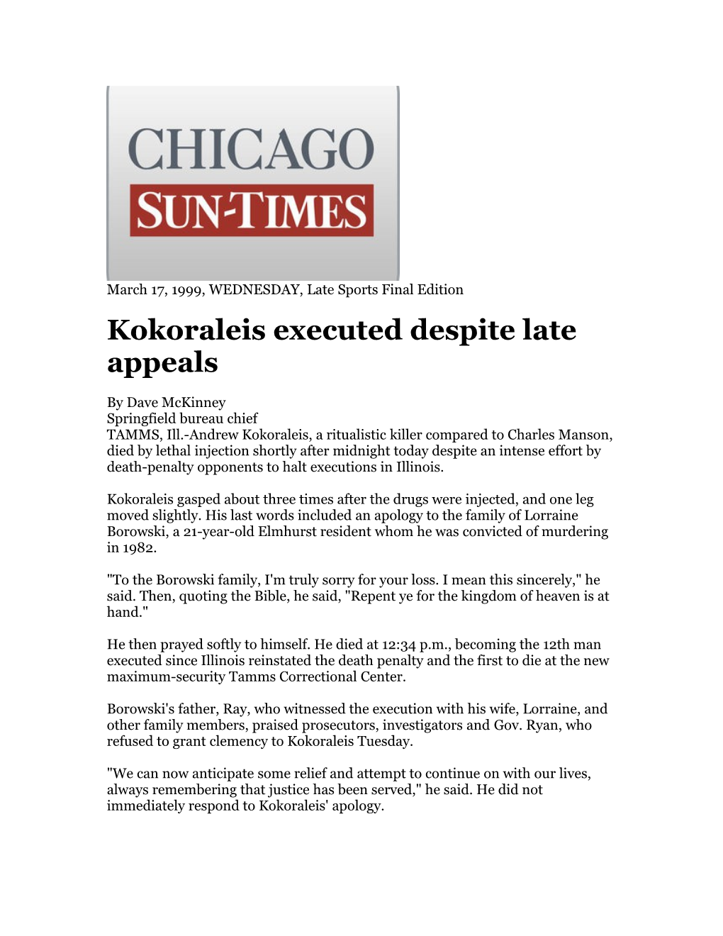 Kokoraleis Executed Despite Late Appeals