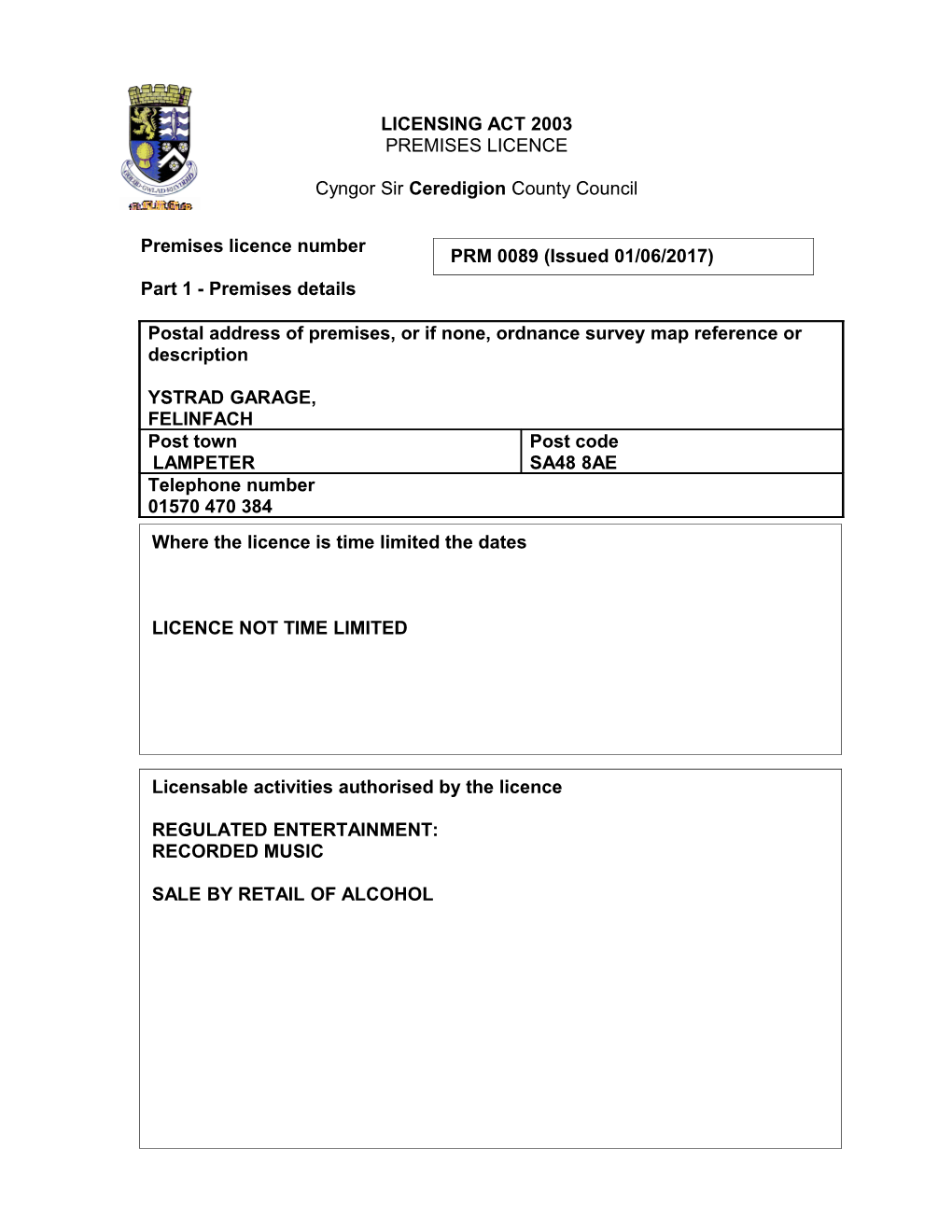 Ystrad Garage, Felinfach - English Version