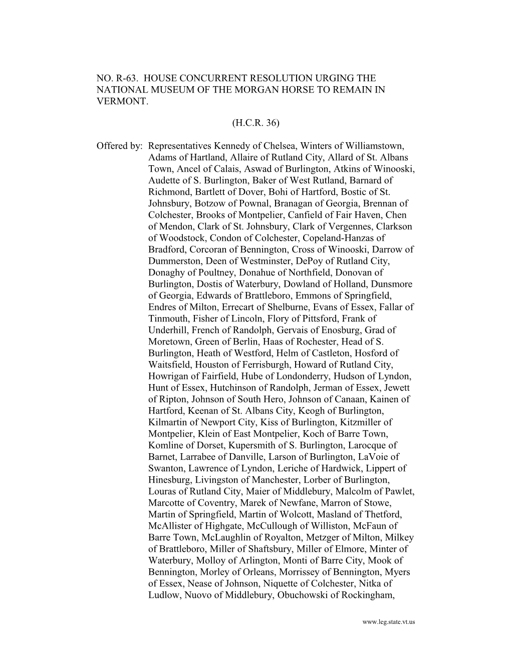 NO. R-63. House Concurrent Resolution Urging the National Museum of the Morgan Horse To