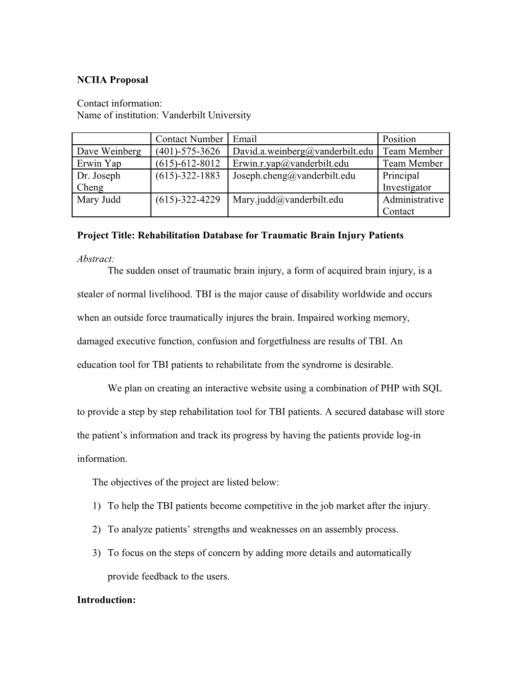 Project Title: Rehabilitation Database for Traumatic Brain Injury Patients