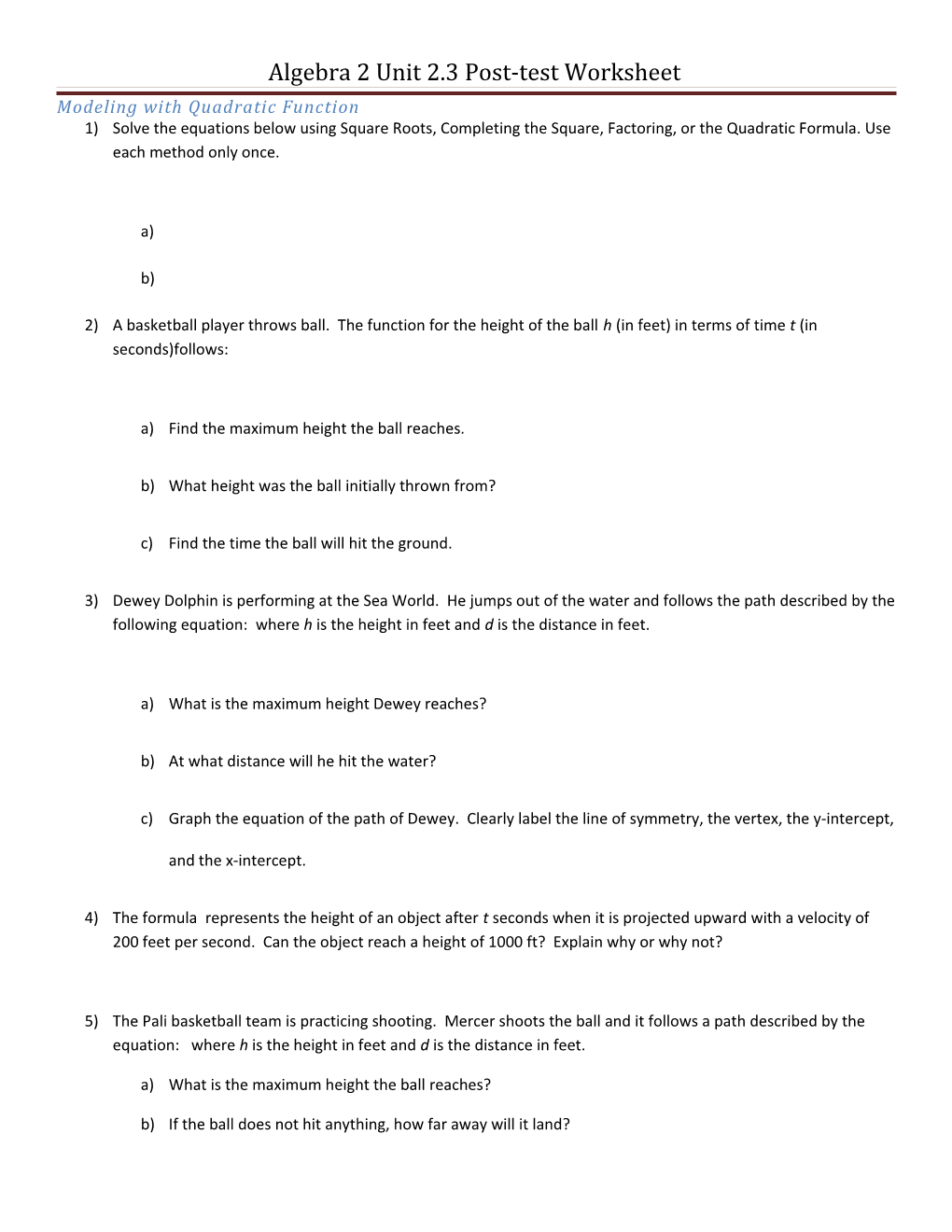 Algebra 2 Unit 2.3 Post-Test Worksheet