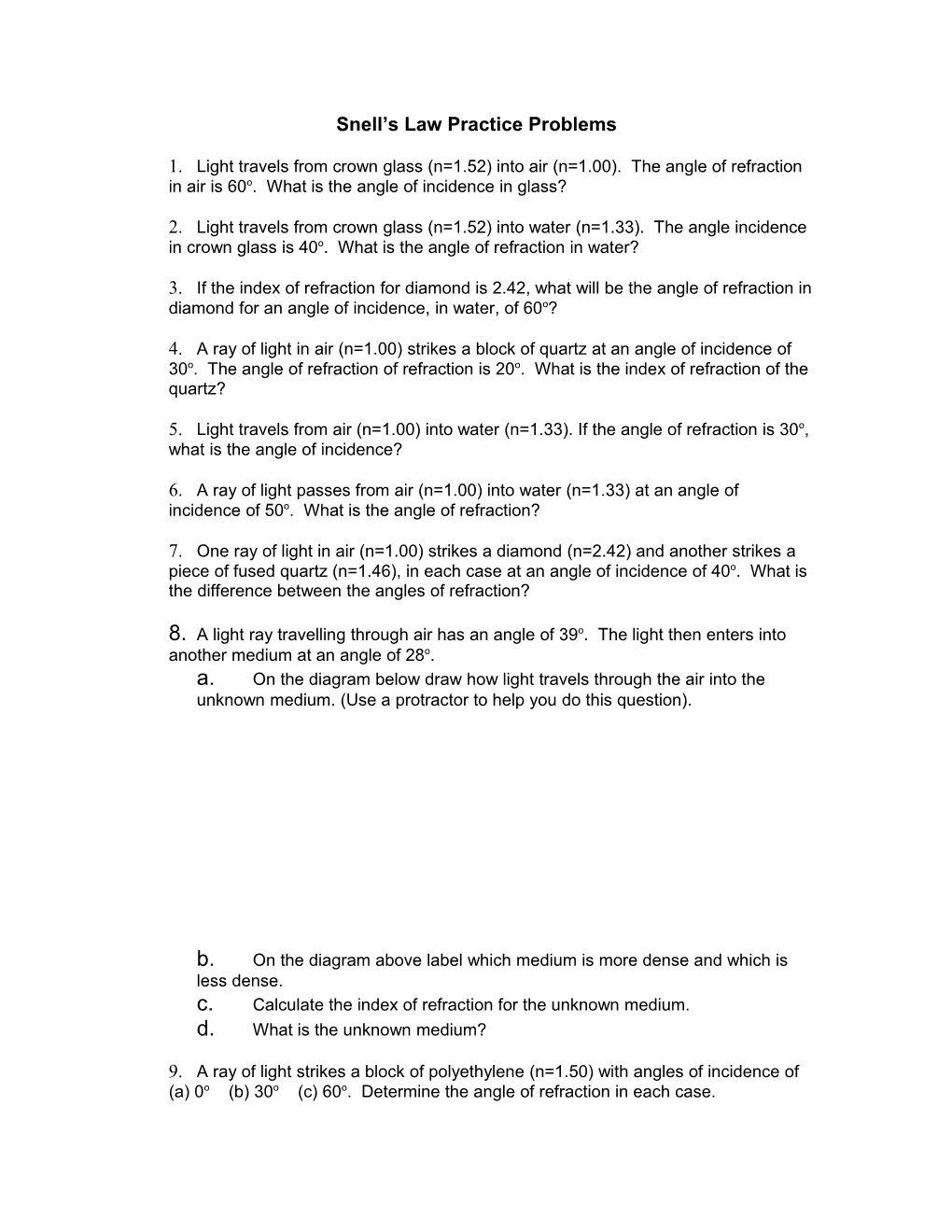 Snell S Law Practice Problems