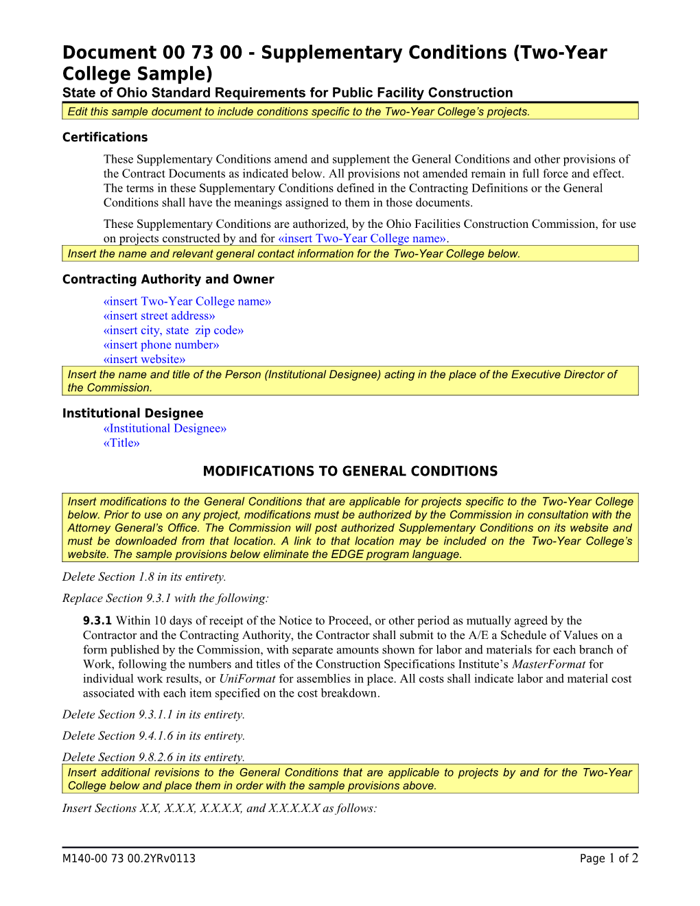 Document 007300 Supplementary Conditions (Two-Year College Sample)