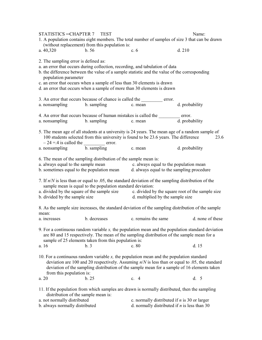 STATISTICS CHAPTER 7 TEST Name