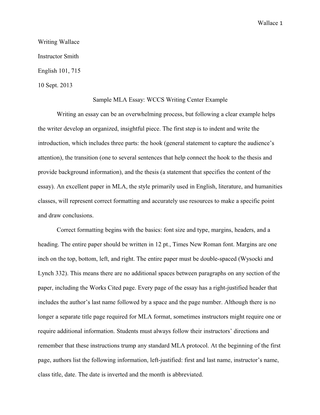 Sample MLA Essay: WCCS Writing Center Example s1