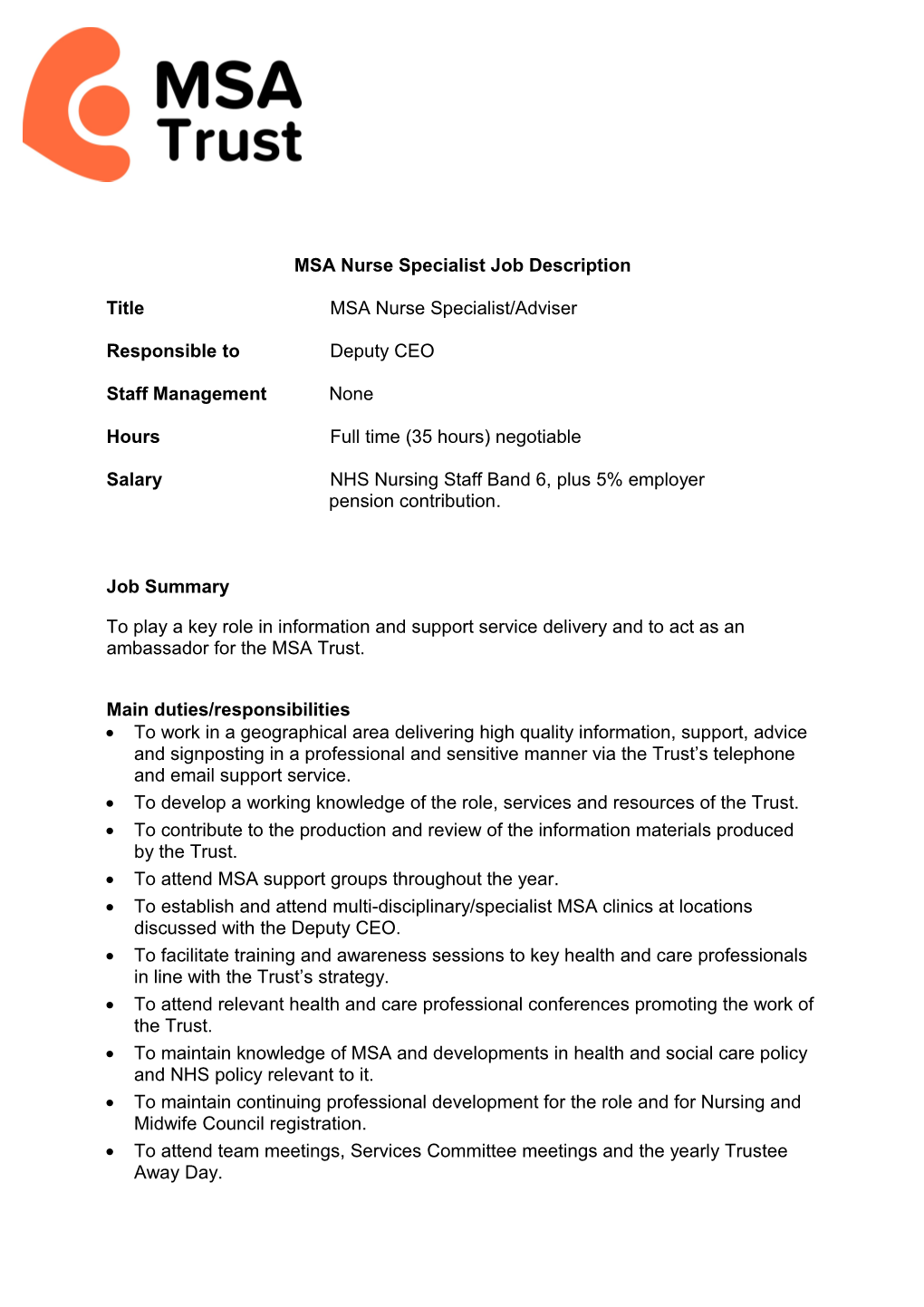 MSA Nurse Specialist Job Description