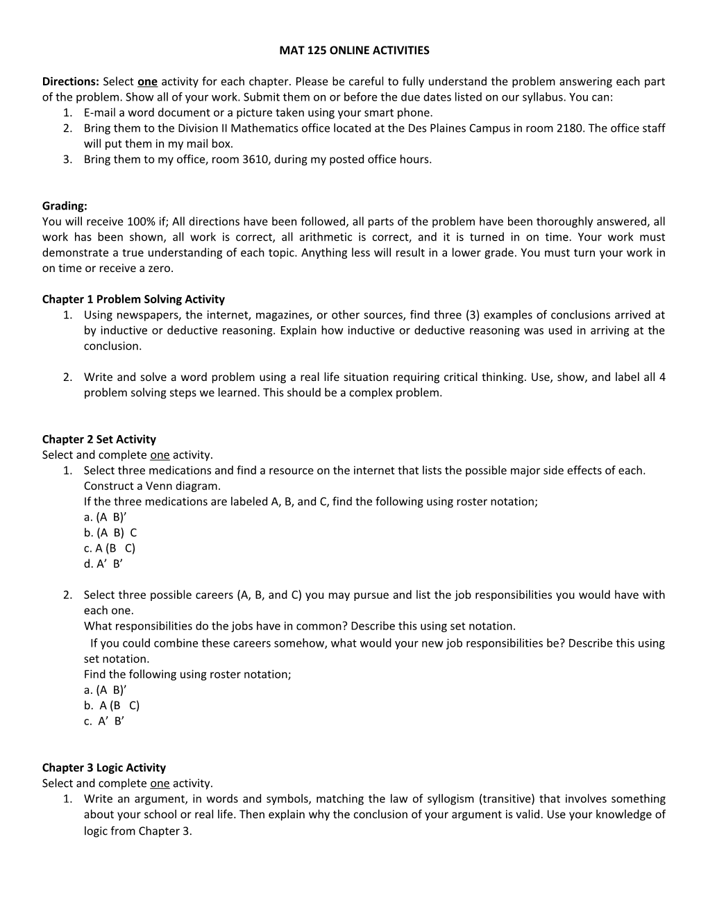 Mat 125 Online Activities