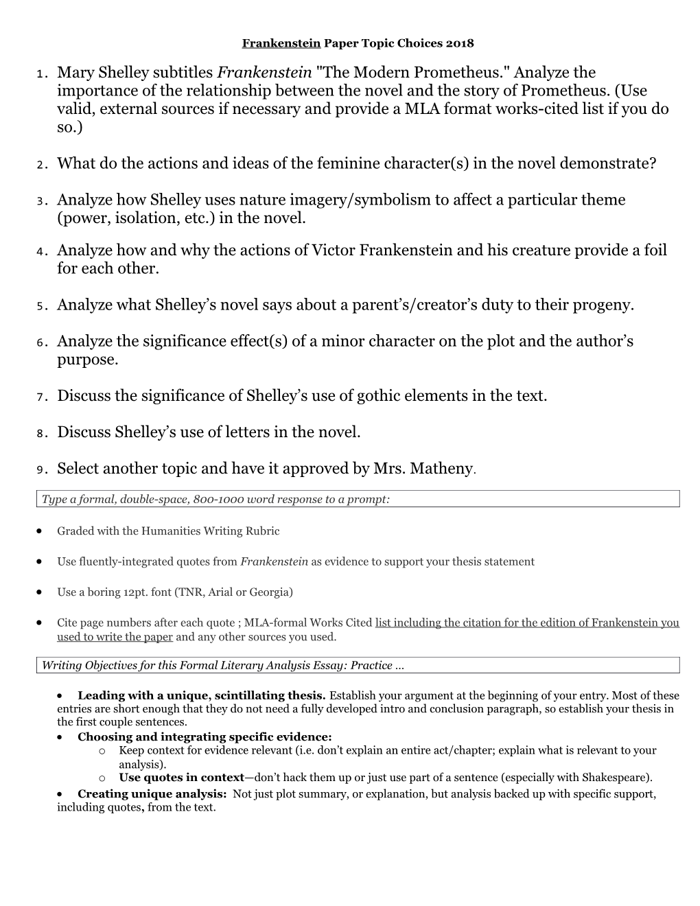 Frankenstein Paper Topic Choices 2018