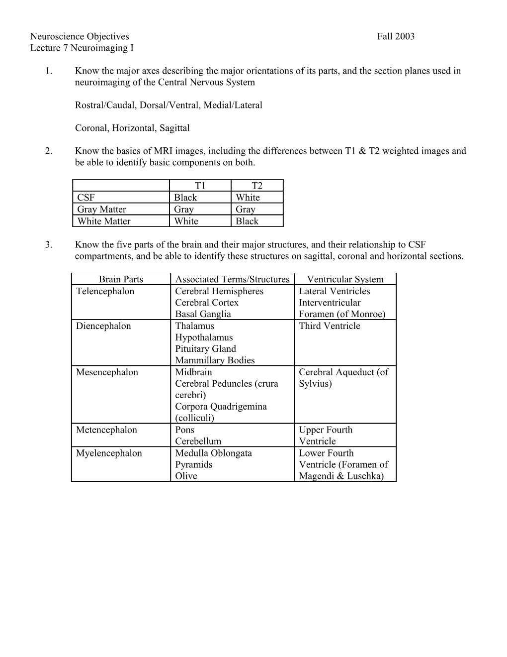 Neuroscience Objectives Fall 2003