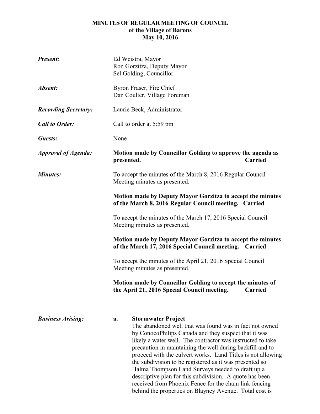 Minutes of Regular Meeting of Council