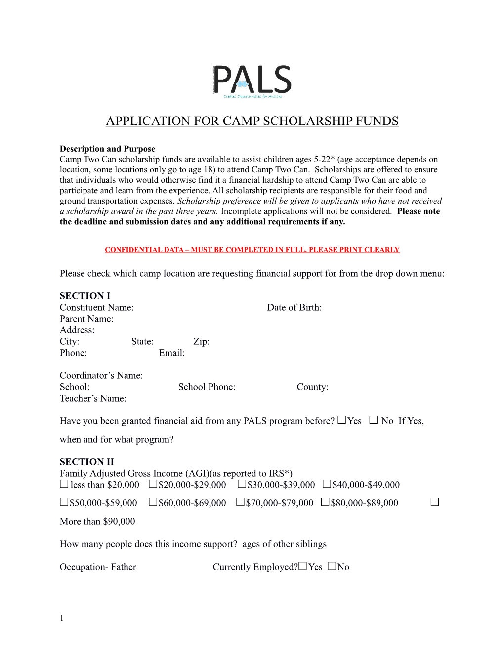 Application for Camp Scholarship Funds