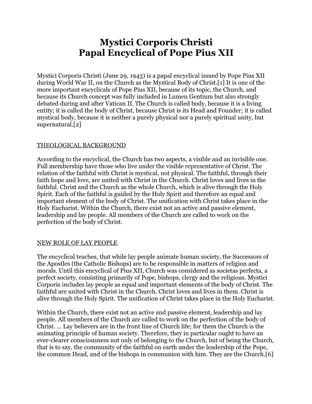 Mystici Corporis Christi Papal Encyclical of Pope Pius XII