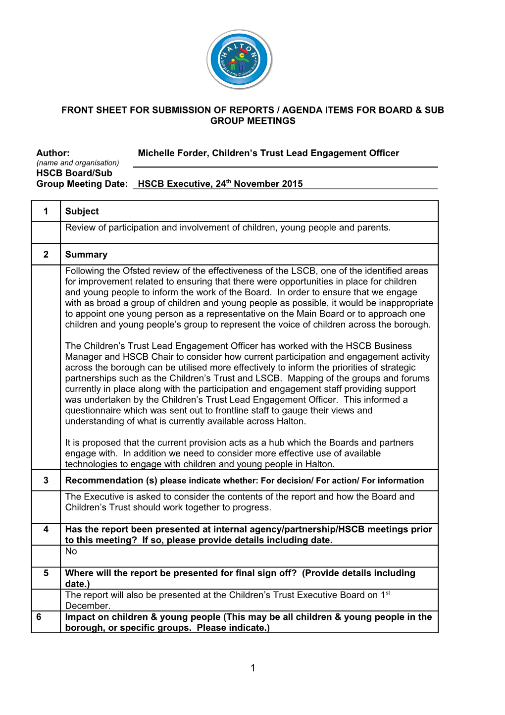 Front Sheet for Submission of Reports / Agenda Items for Board & Sub Group Meetings