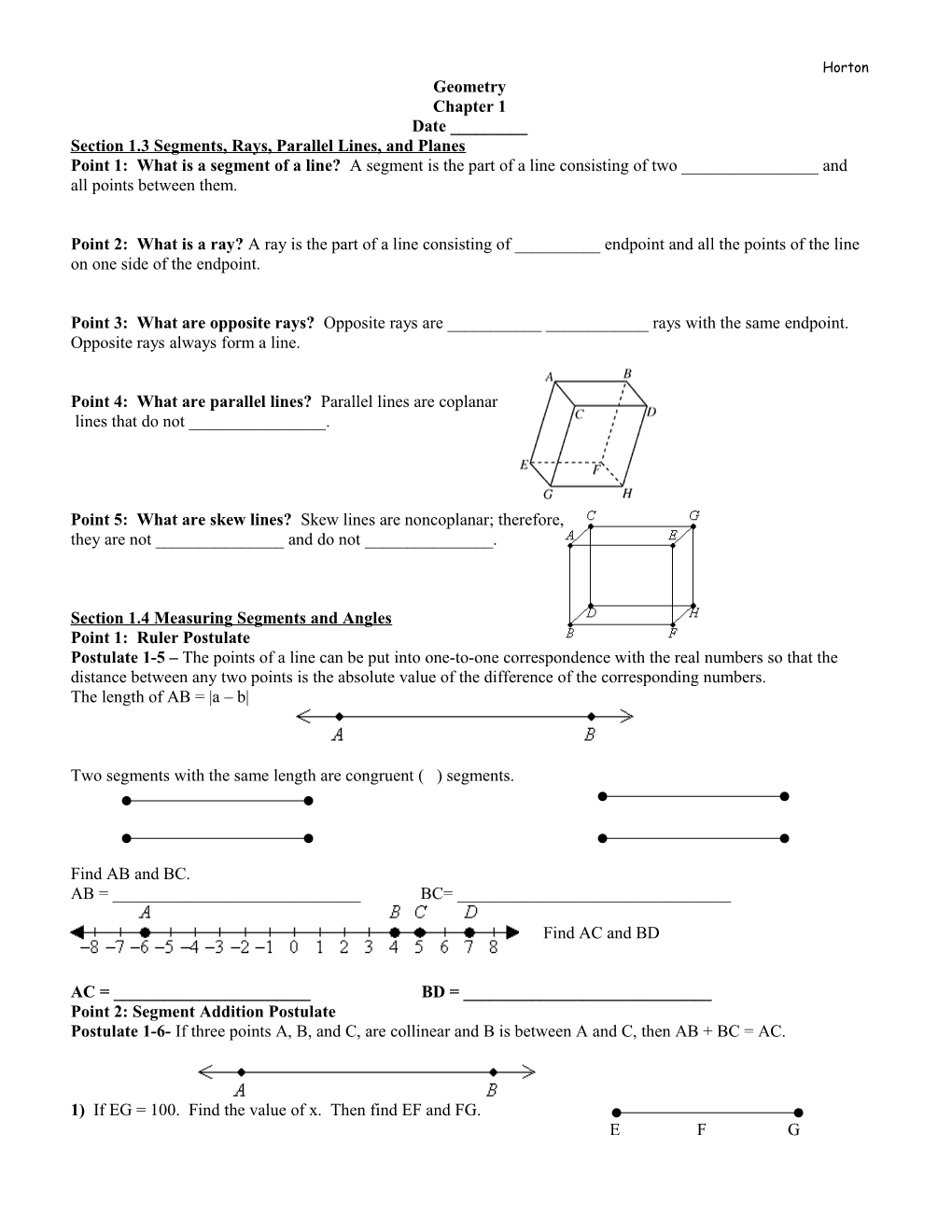 Section 1.3 Segments, Rays, Parallel Lines, and Planes