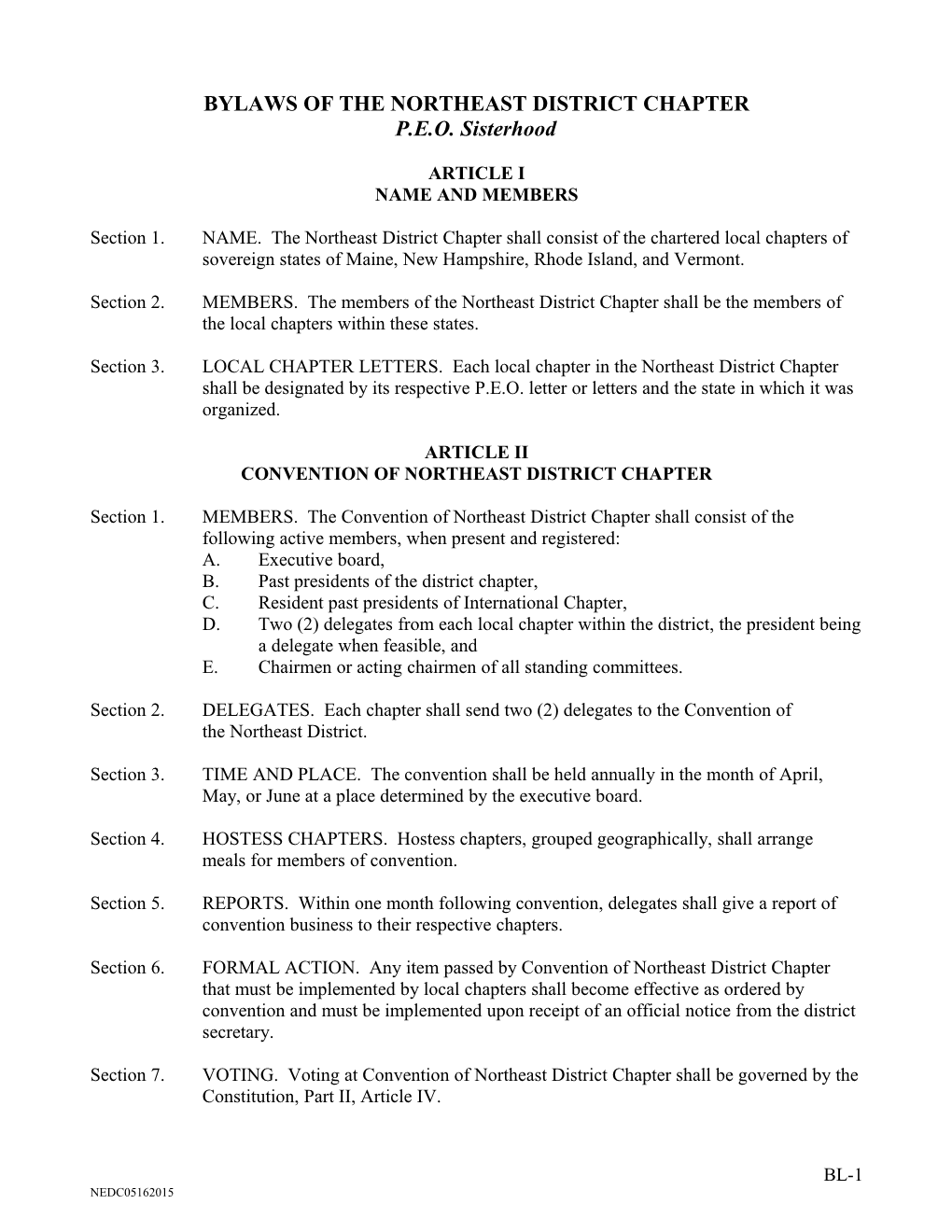Bylaws of the Northeast District Chapter
