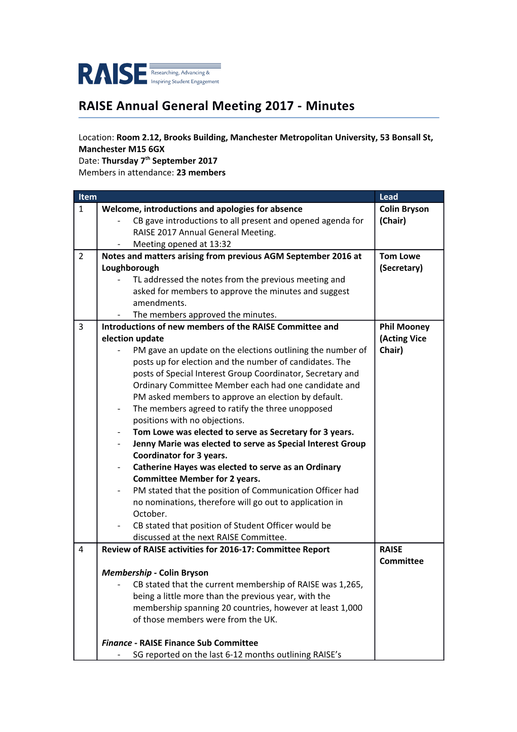 RAISE Annual General Meeting 2017 - Minutes