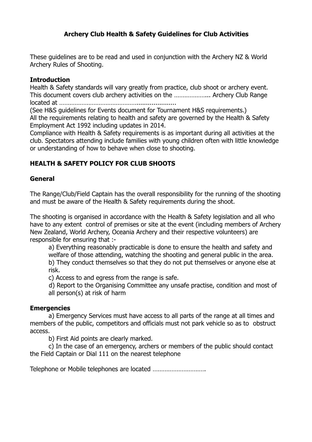 Archery Club Health & Safety Guidelines for Club Activities