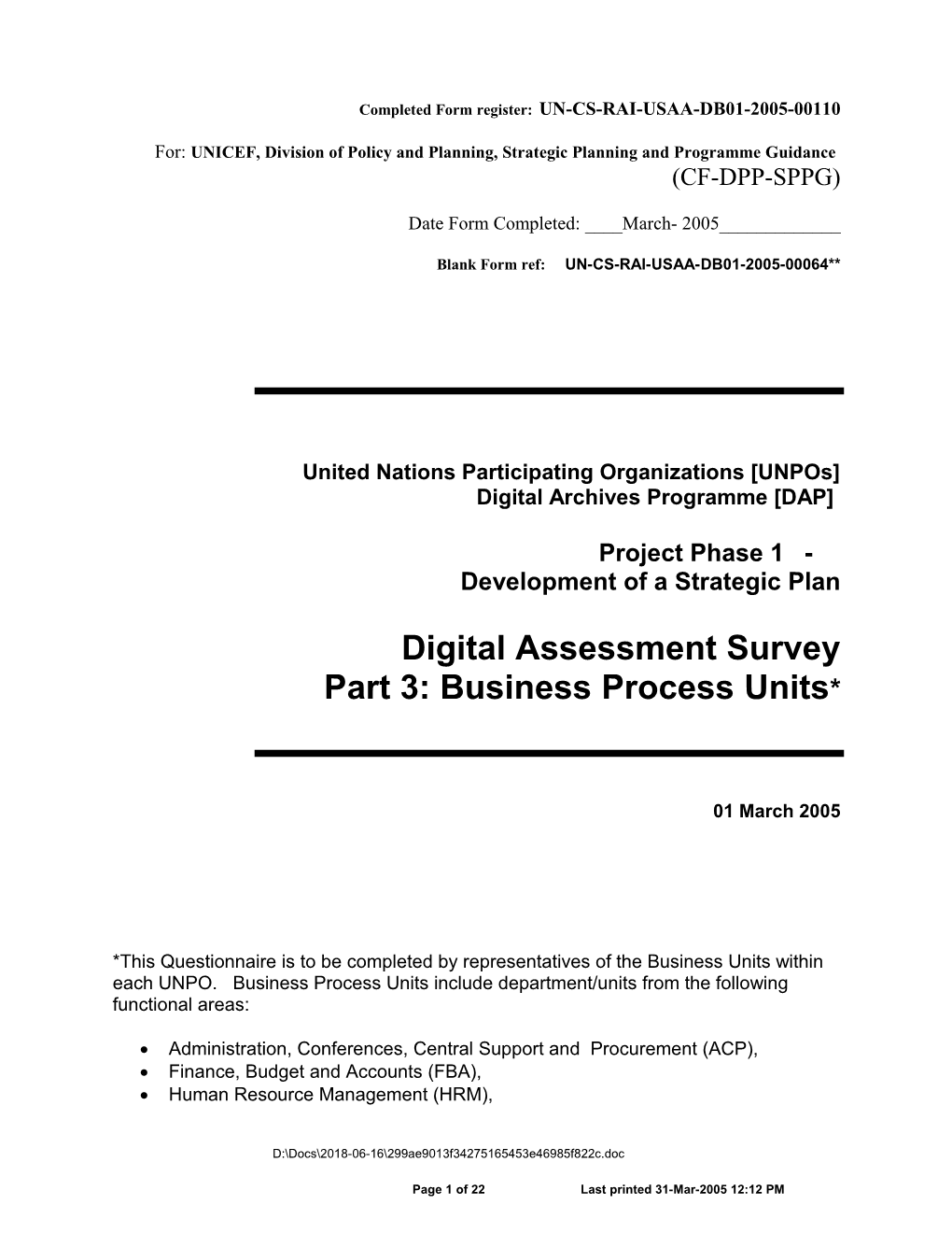 Completed Form Register: UN-CS-RAI-USAA-DB01-2005-00110