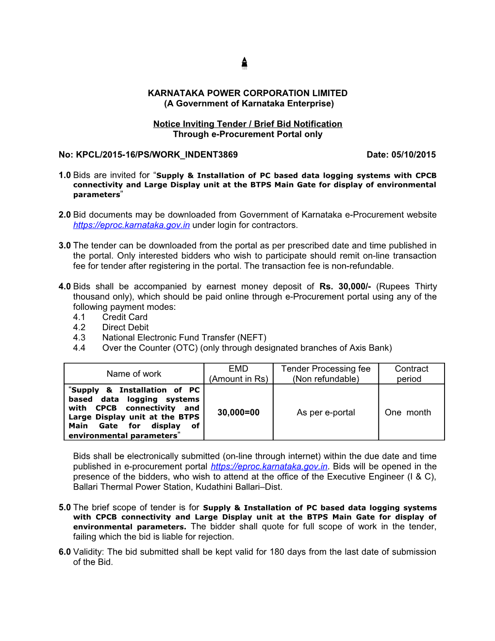 Notice Inviting Tender / Brief Bid Notification