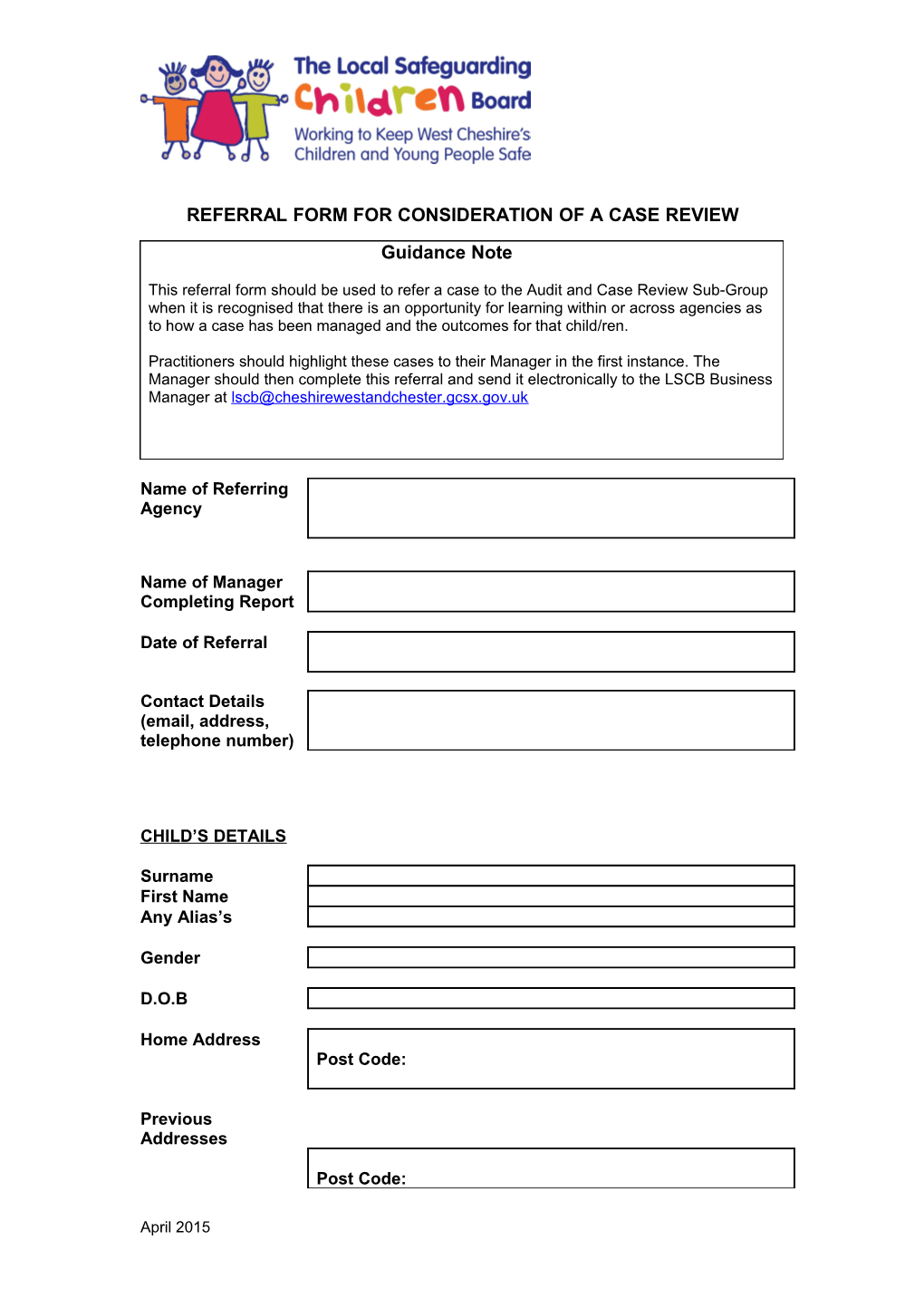 Referral Form for Consideration of a Case Review