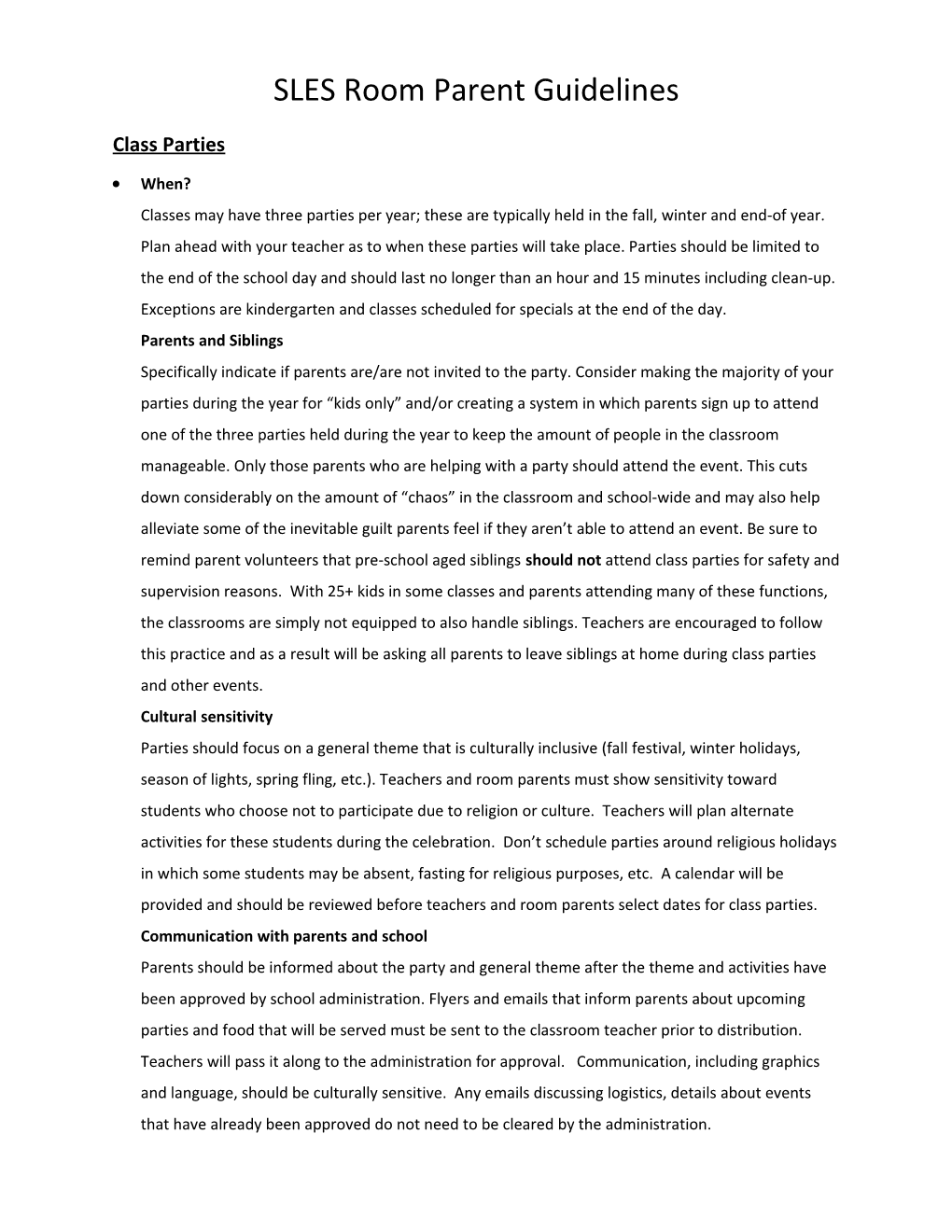 SLES Room Parent Guidelines