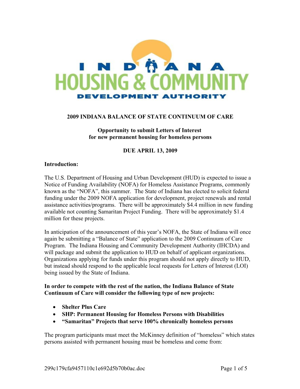 Indiana Continuum of Care Application