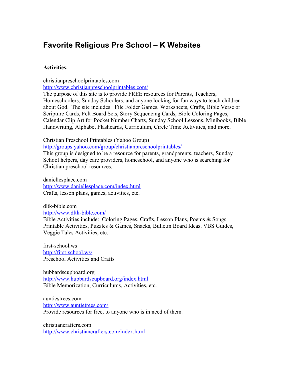 Favorite Religious Pre School K Websites