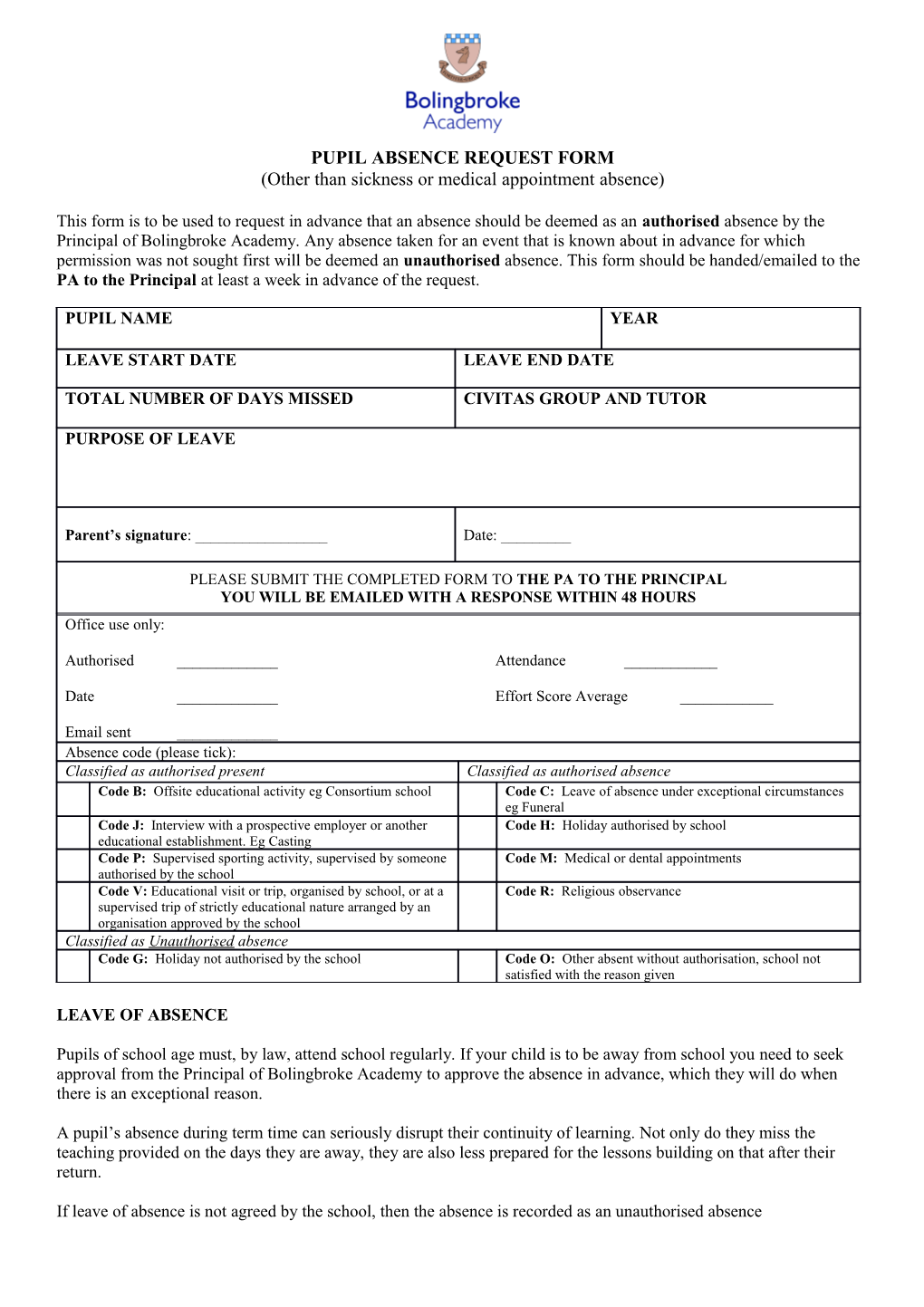 Pupil Absence Request Form