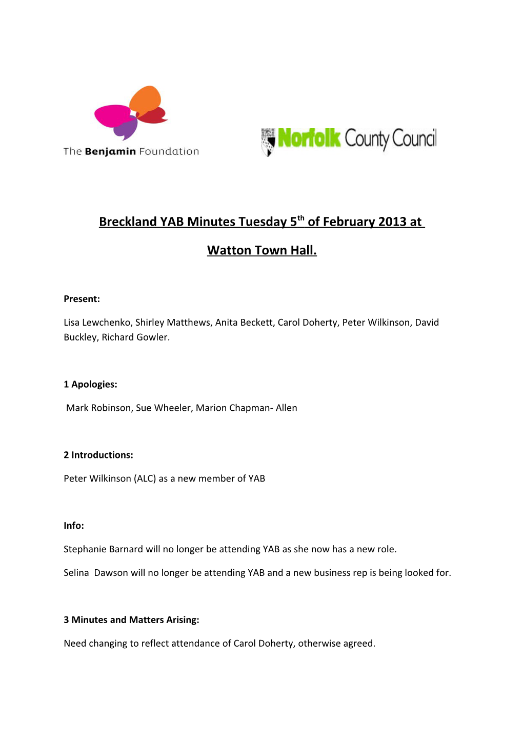 Breckland YAB Minutes Tuesday 5Th of February 2013 At