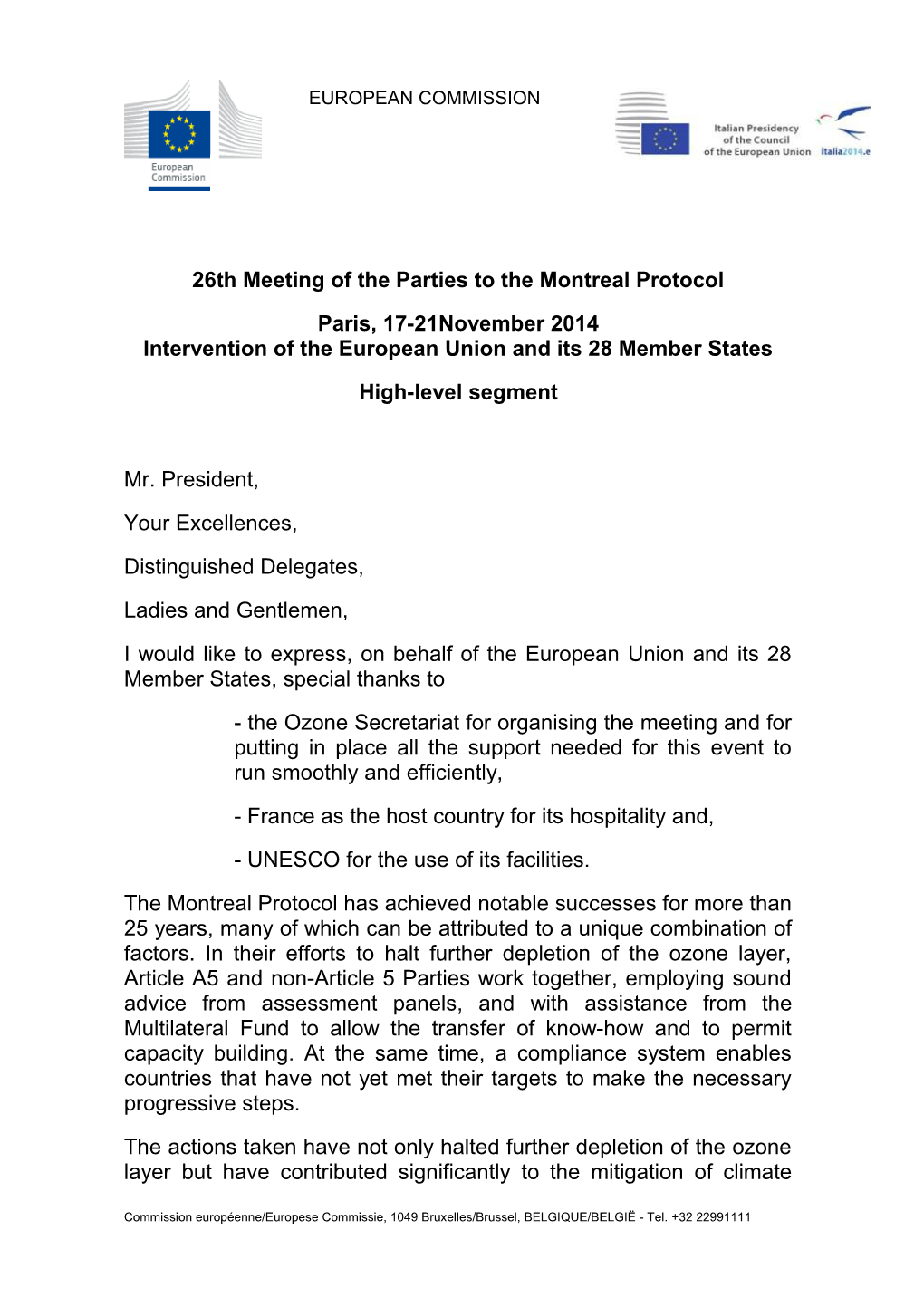 26Th Meeting of the Parties to the Montreal Protocol