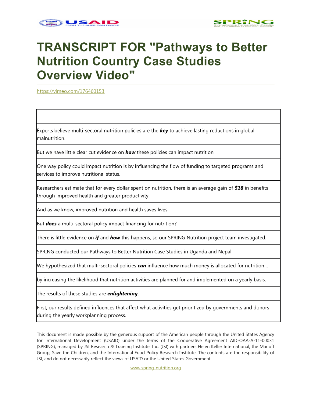 TRANSCRIPT for Pathways to Better Nutrition Country Case Studies Overview Video