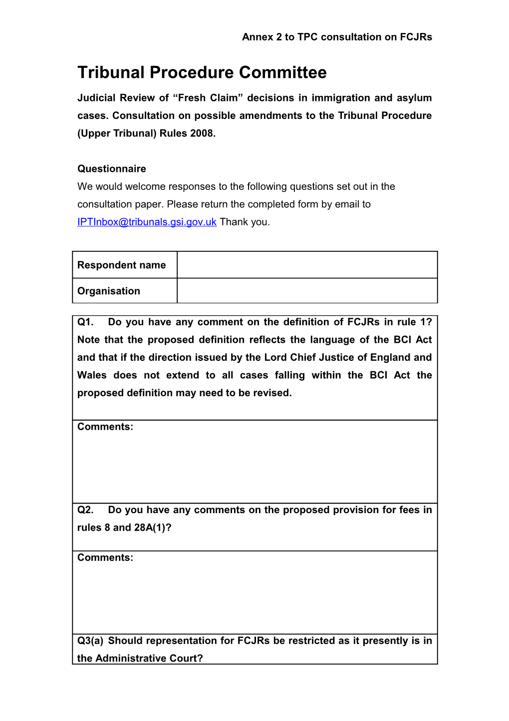 Tribunals Procedure - Annex 2 - Questionnaire 31 3 10